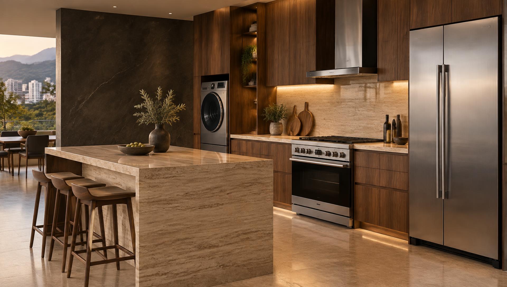 Cocina de lujo con nevera de acero, cocina a gas y lavadora
